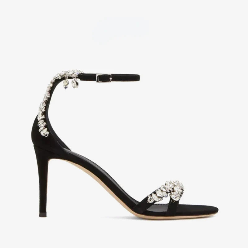 Black High Heels Women's Stiletto Heels Celebrity Style Versatile Slotted Buckle Rhinestone Open Toe Round Toe Sandals SHOMICOBOUTIQUE