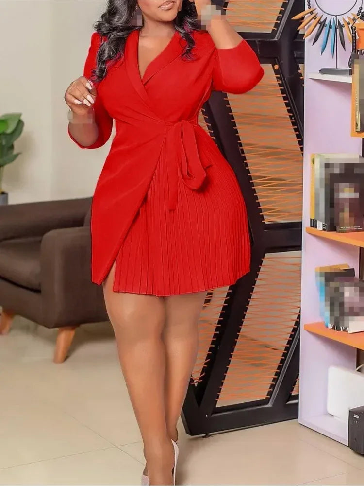 Women  Solid Plus Size Folds Dress Neck Pleated Blazer Style Dress Office Vintage Sexy Lady Belt Party Tight Curvy Short Dress Femstylo