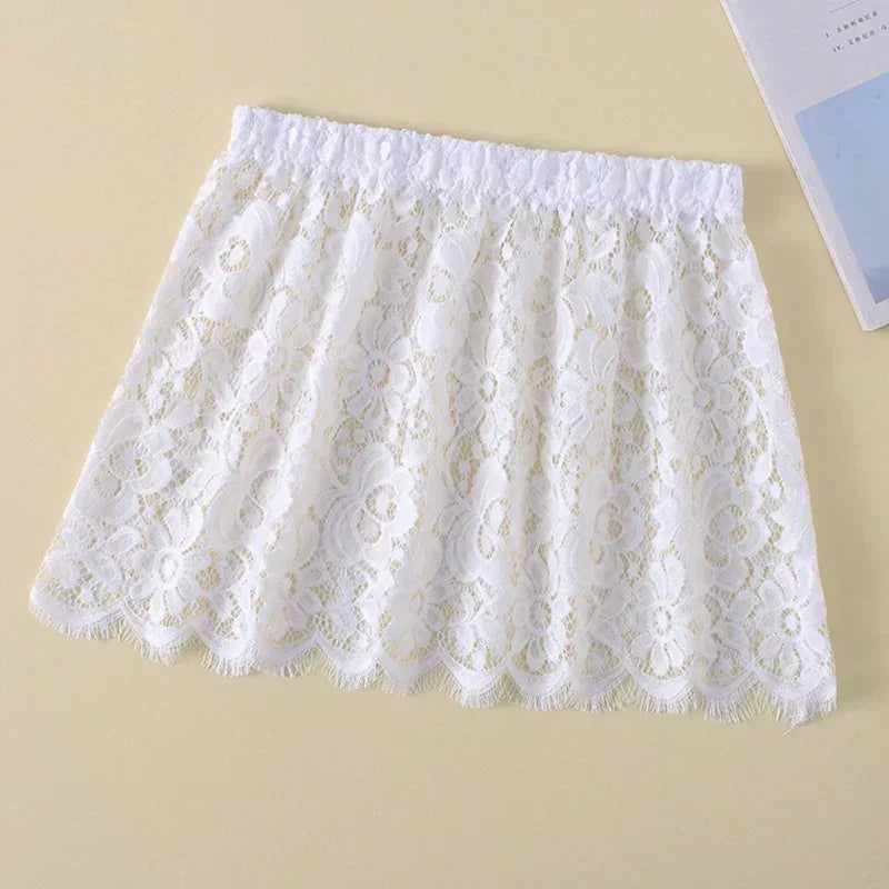 Women Eyelash Floral Lace Shirt Extender Adjustable Layered Faux Top Hem Lower Sweep Mini Skirt Half Slip Underskirt Femstylo