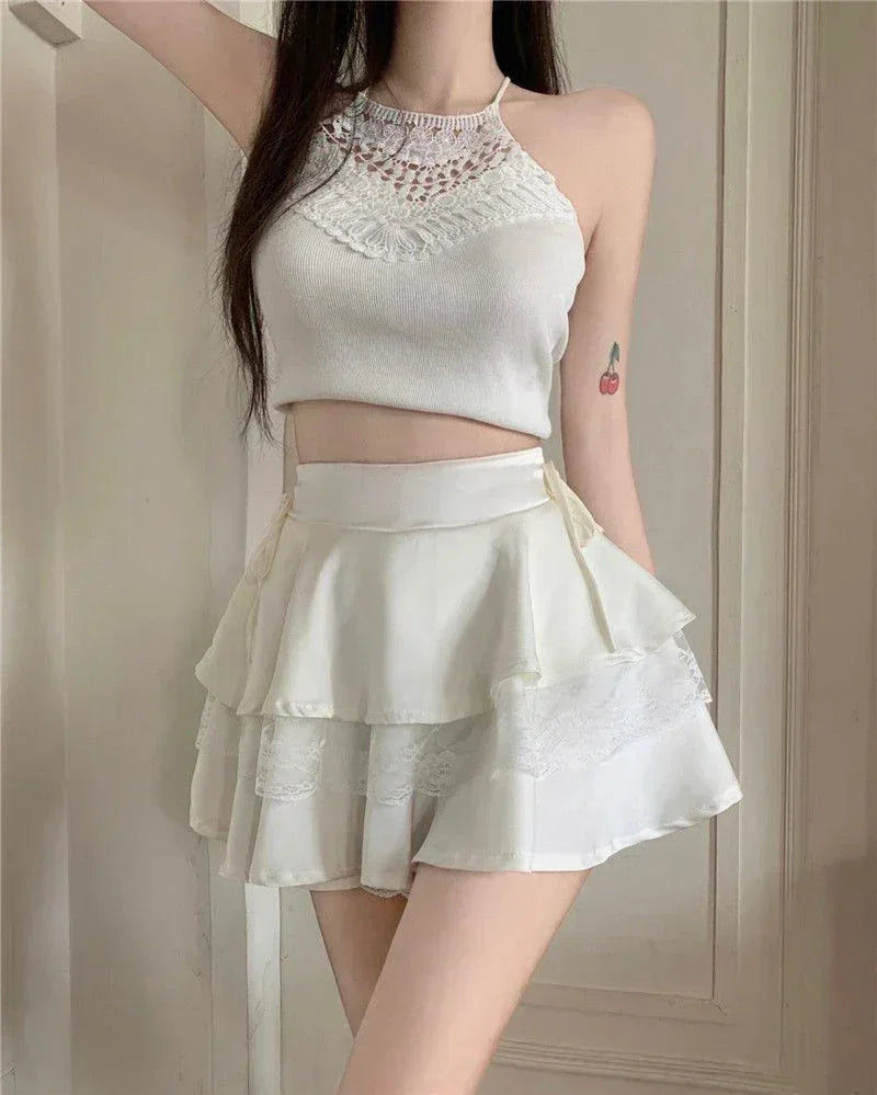 Y2K Sweet Solid Women Mini Skirt Summer High Waist Lace Patchwork Ladies Ball Gown Fashion All Match Ruffles Female Skirt Femstylo