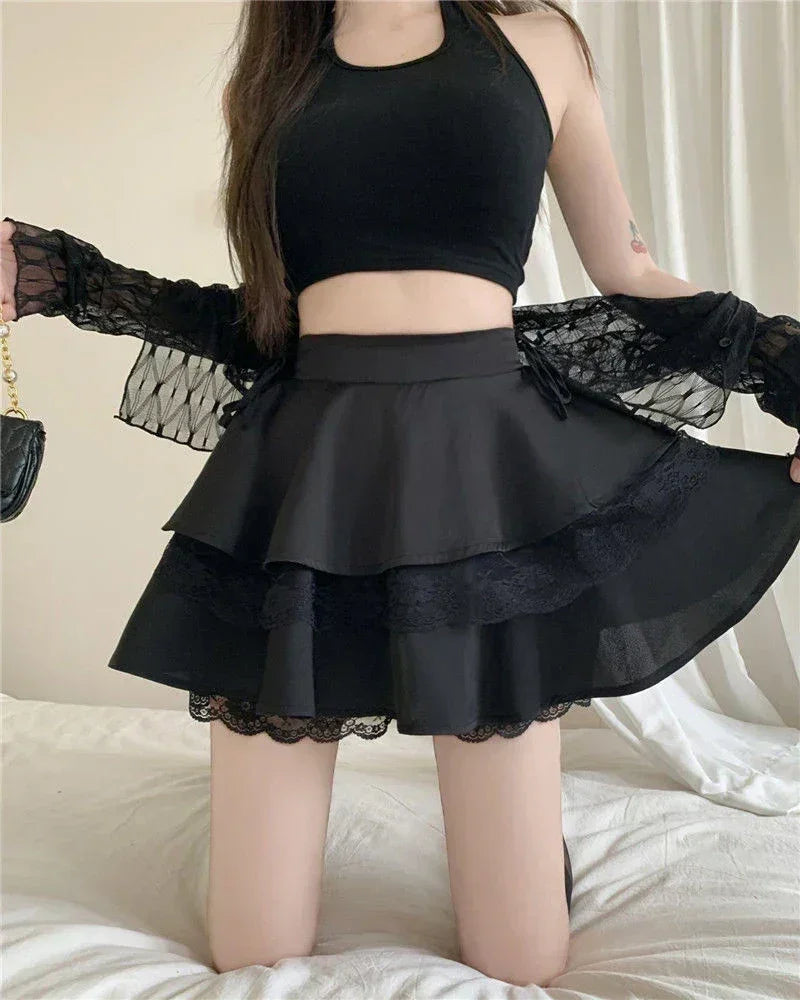 Y2K Sweet Solid Women Mini Skirt Summer High Waist Lace Patchwork Ladies Ball Gown Fashion All Match Ruffles Female Skirt Femstylo
