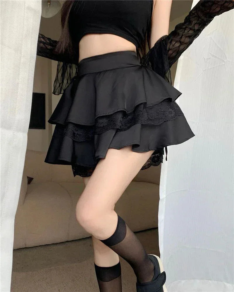 Y2K Sweet Solid Women Mini Skirt Summer High Waist Lace Patchwork Ladies Ball Gown Fashion All Match Ruffles Female Skirt Femstylo