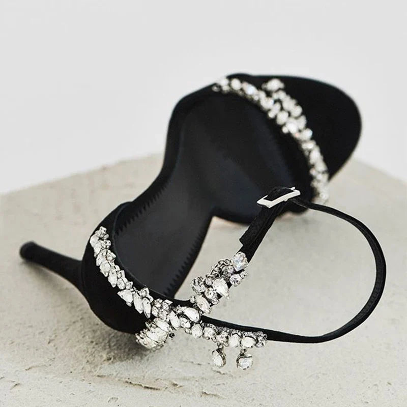 Black High Heels Women's Stiletto Heels Celebrity Style Versatile Slotted Buckle Rhinestone Open Toe Round Toe Sandals SHOMICOBOUTIQUE
