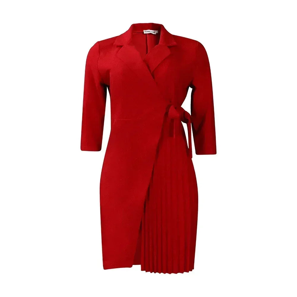 Women  Solid Plus Size Folds Dress Neck Pleated Blazer Style Dress Office Vintage Sexy Lady Belt Party Tight Curvy Short Dress Femstylo