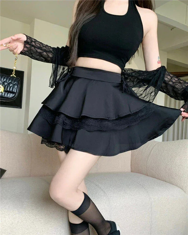 Y2K Sweet Solid Women Mini Skirt Summer High Waist Lace Patchwork Ladies Ball Gown Fashion All Match Ruffles Female Skirt Femstylo