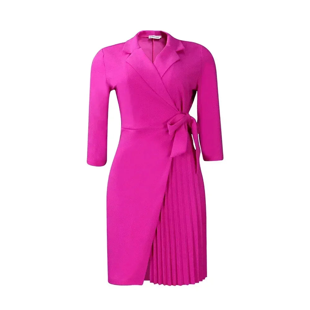 Women  Solid Plus Size Folds Dress Neck Pleated Blazer Style Dress Office Vintage Sexy Lady Belt Party Tight Curvy Short Dress Femstylo
