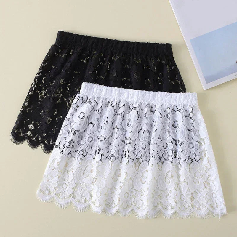 Women Eyelash Floral Lace Shirt Extender Adjustable Layered Faux Top Hem Lower Sweep Mini Skirt Half Slip Underskirt Femstylo