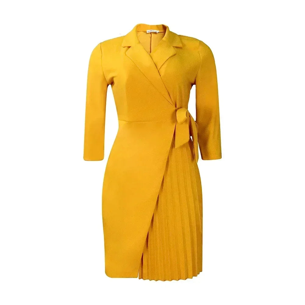 Women  Solid Plus Size Folds Dress Neck Pleated Blazer Style Dress Office Vintage Sexy Lady Belt Party Tight Curvy Short Dress Femstylo