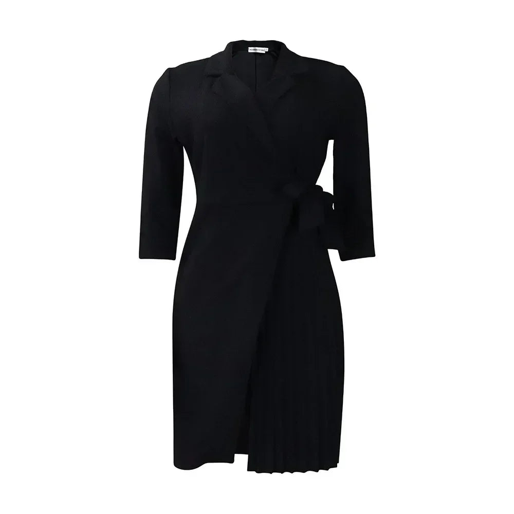 Women  Solid Plus Size Folds Dress Neck Pleated Blazer Style Dress Office Vintage Sexy Lady Belt Party Tight Curvy Short Dress Femstylo