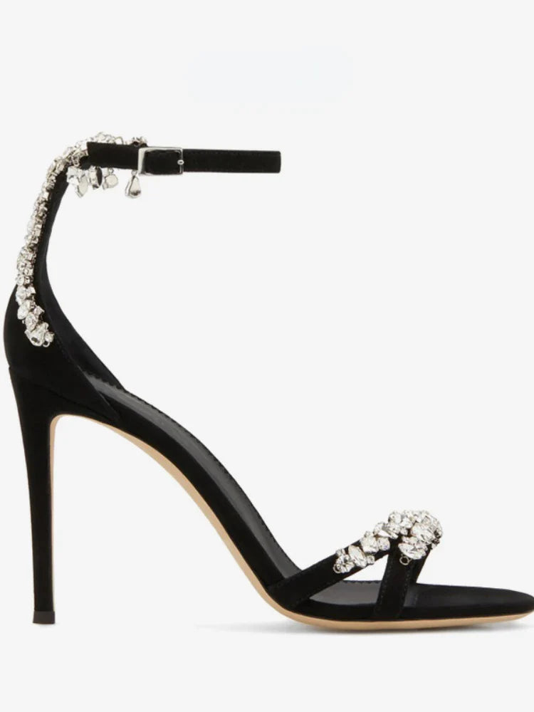 Black High Heels Women's Stiletto Heels Celebrity Style Versatile Slotted Buckle Rhinestone Open Toe Round Toe Sandals SHOMICOBOUTIQUE