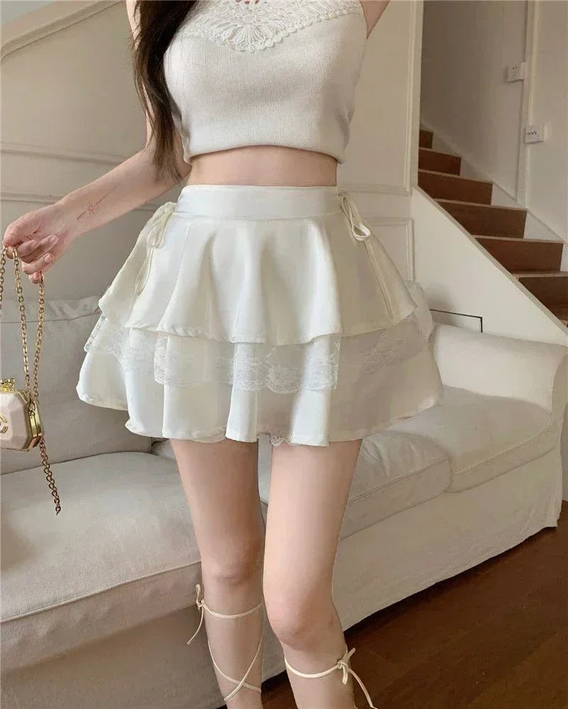 Y2K Sweet Solid Women Mini Skirt Summer High Waist Lace Patchwork Ladies Ball Gown Fashion All Match Ruffles Female Skirt Femstylo