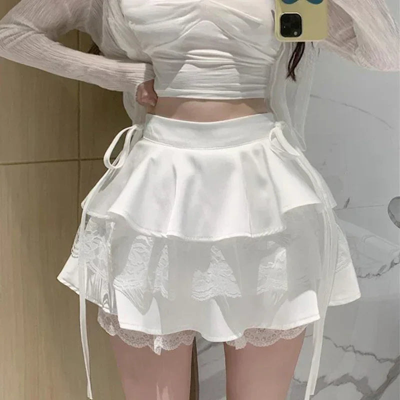 Y2K Sweet Solid Women Mini Skirt Summer High Waist Lace Patchwork Ladies Ball Gown Fashion All Match Ruffles Female Skirt Femstylo