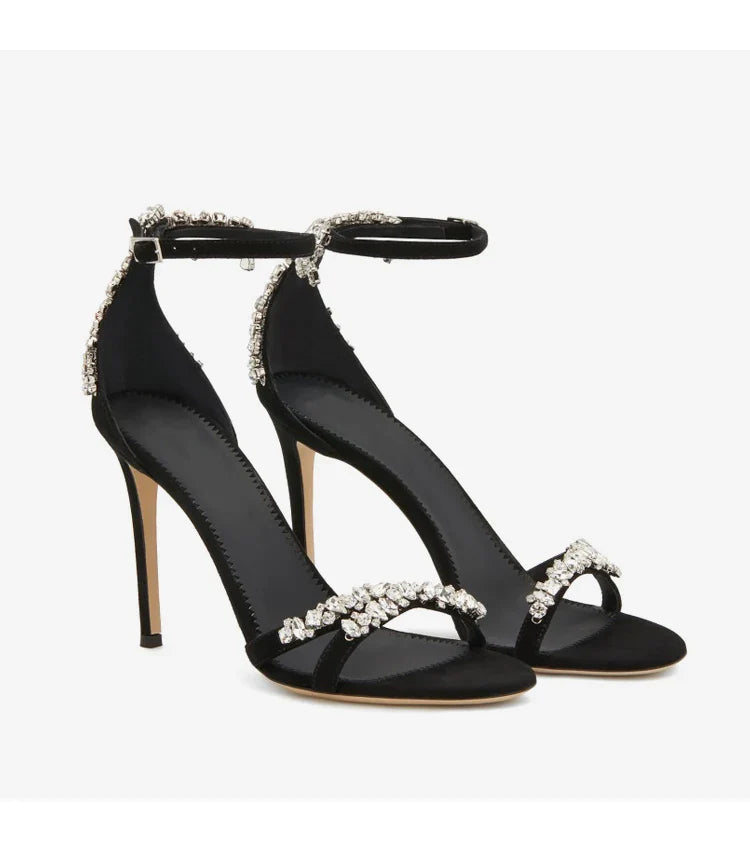 Black High Heels Women's Stiletto Heels Celebrity Style Versatile Slotted Buckle Rhinestone Open Toe Round Toe Sandals SHOMICOBOUTIQUE