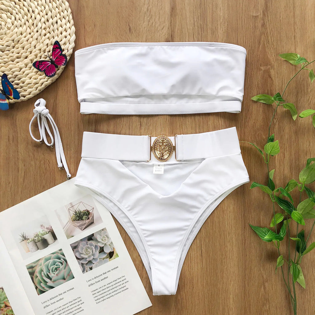 Chic Metal Buckle Strapless Bikini Swimsuit for Women Trendy Attic Store01
