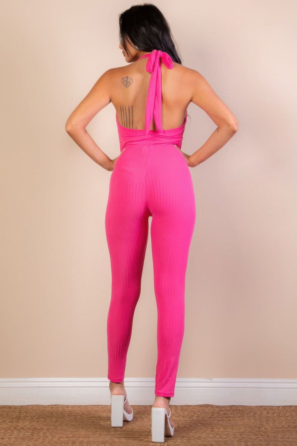 Halter V Neck Ribbed Bodycon Jumpsuit Selvanelle