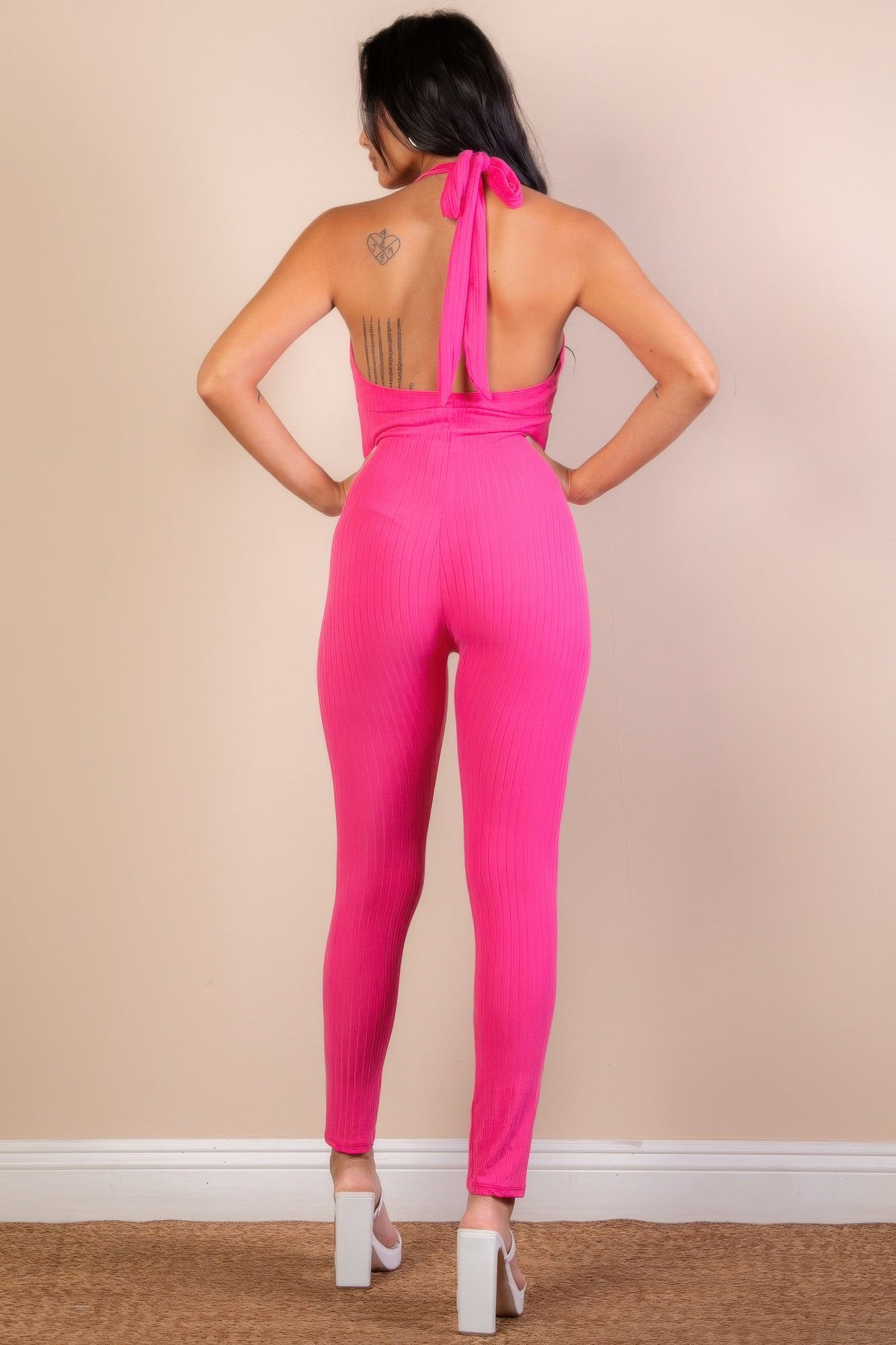Halter V Neck Ribbed Bodycon Jumpsuit Selvanelle