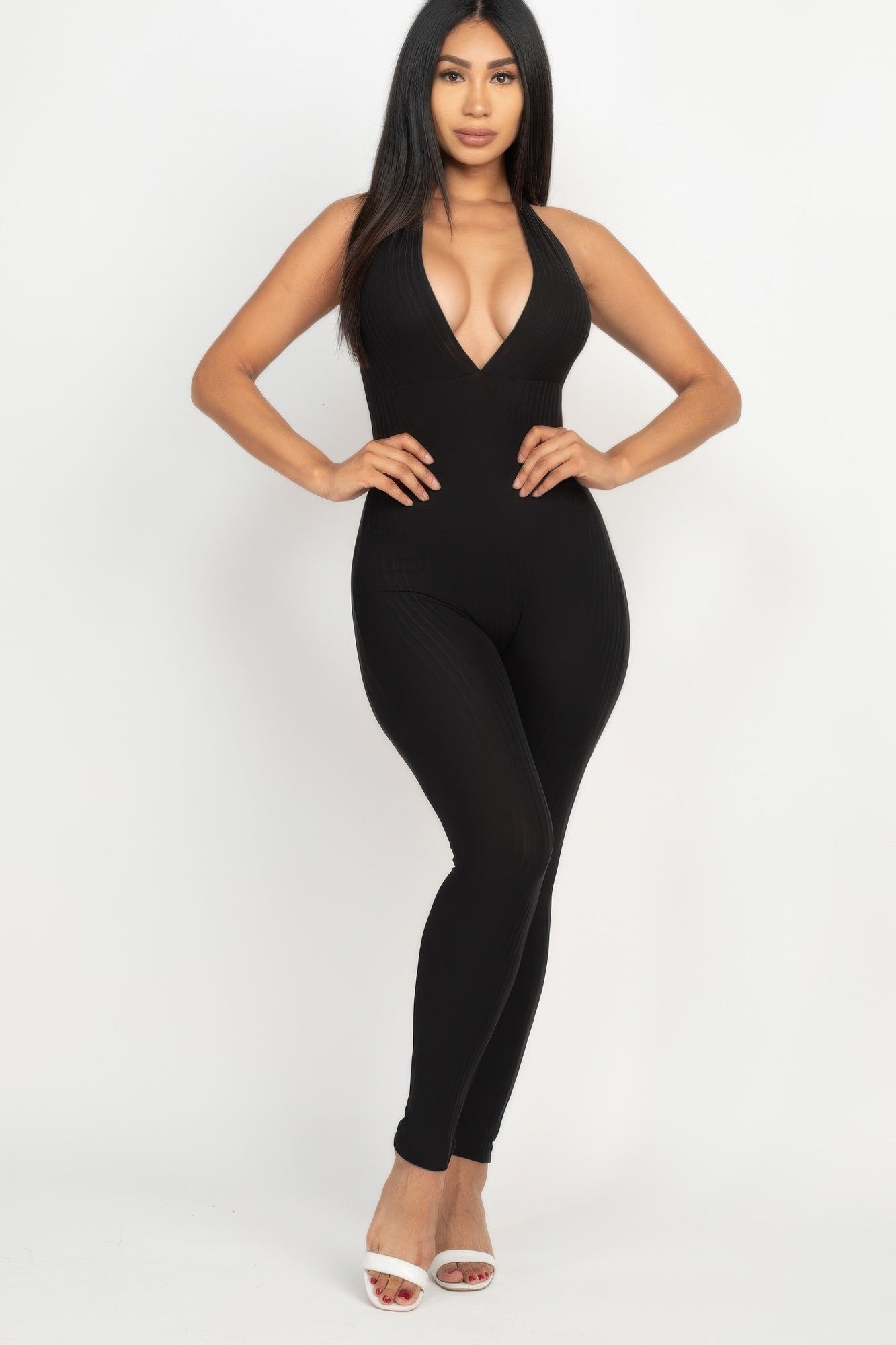 Halter V Neck Ribbed Bodycon Jumpsuit Selvanelle