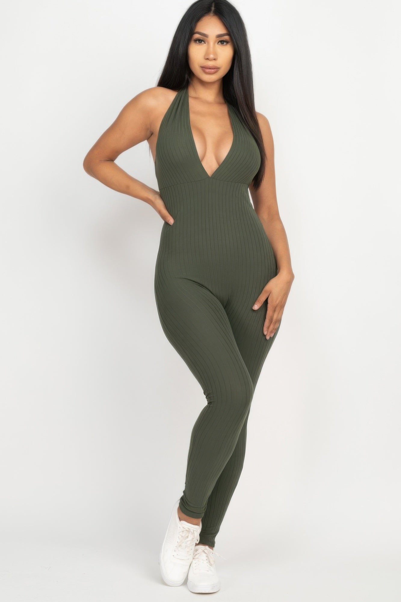 Halter V Neck Ribbed Bodycon Jumpsuit Selvanelle