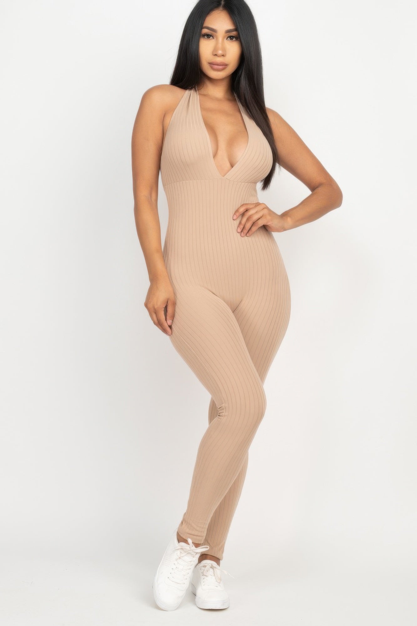 Halter V Neck Ribbed Bodycon Jumpsuit Selvanelle