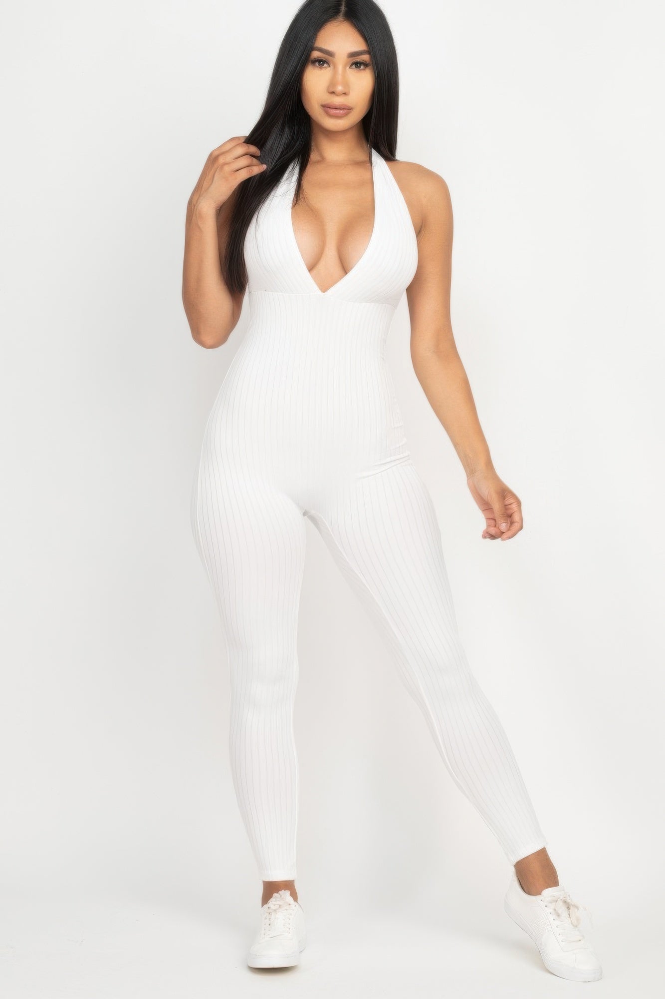 Halter V Neck Ribbed Bodycon Jumpsuit Selvanelle
