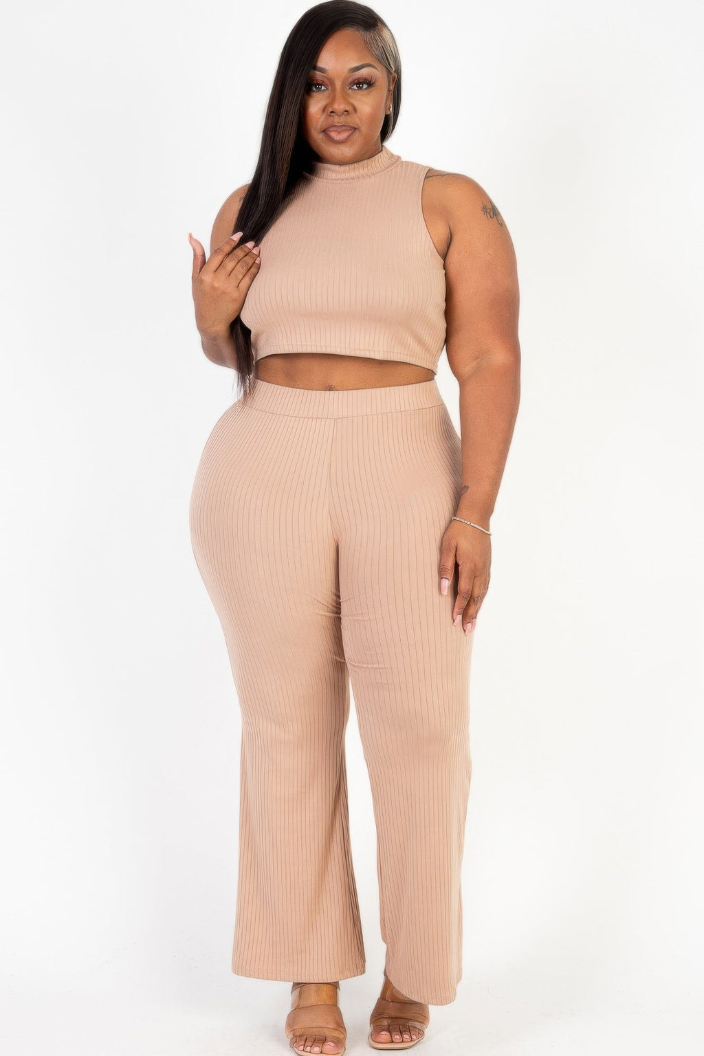 Plus Size Ribbed Mock Neck Crop Tank Top& Bootcut Pants Set Selvanelle