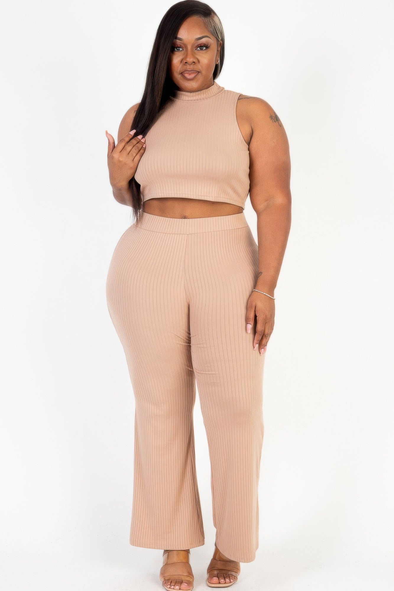 Plus Size Ribbed Mock Neck Crop Tank Top& Bootcut Pants Set Selvanelle