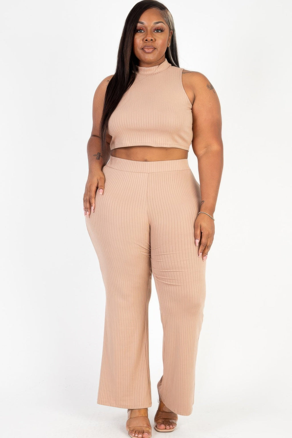 Plus Size Ribbed Mock Neck Crop Tank Top& Bootcut Pants Set Selvanelle