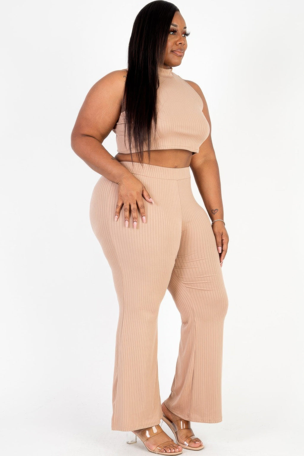 Plus Size Ribbed Mock Neck Crop Tank Top& Bootcut Pants Set Selvanelle