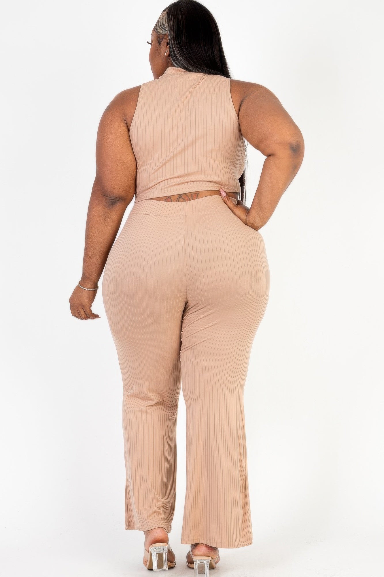 Plus Size Ribbed Mock Neck Crop Tank Top& Bootcut Pants Set Selvanelle