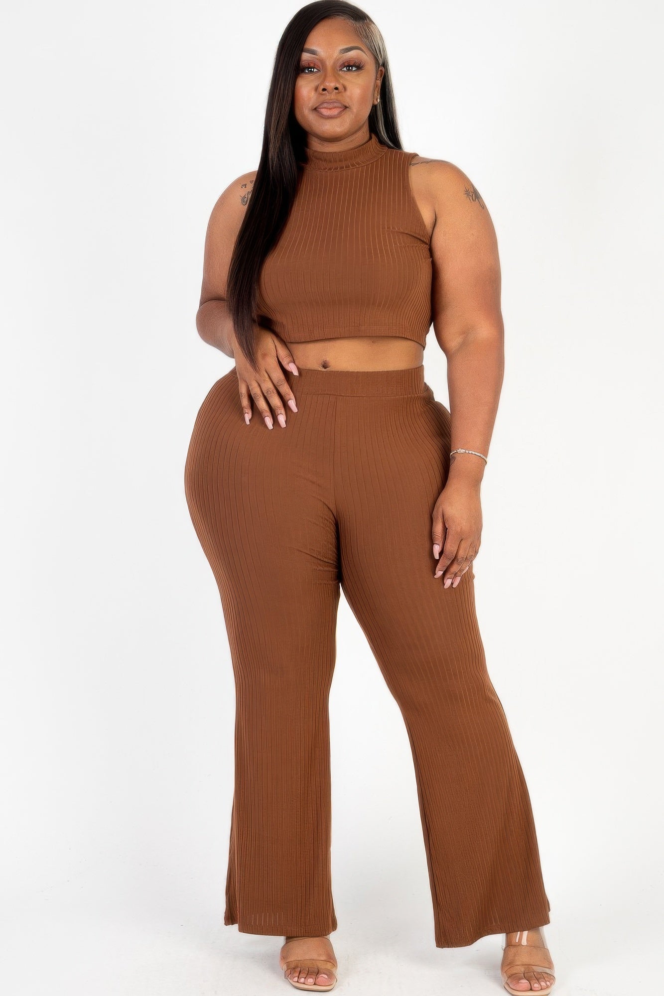 Plus Size Ribbed Mock Neck Crop Tank Top& Bootcut Pants Set Selvanelle