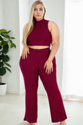 Plus Size Ribbed Mock Neck Crop Tank Top& Bootcut Pants Set Selvanelle