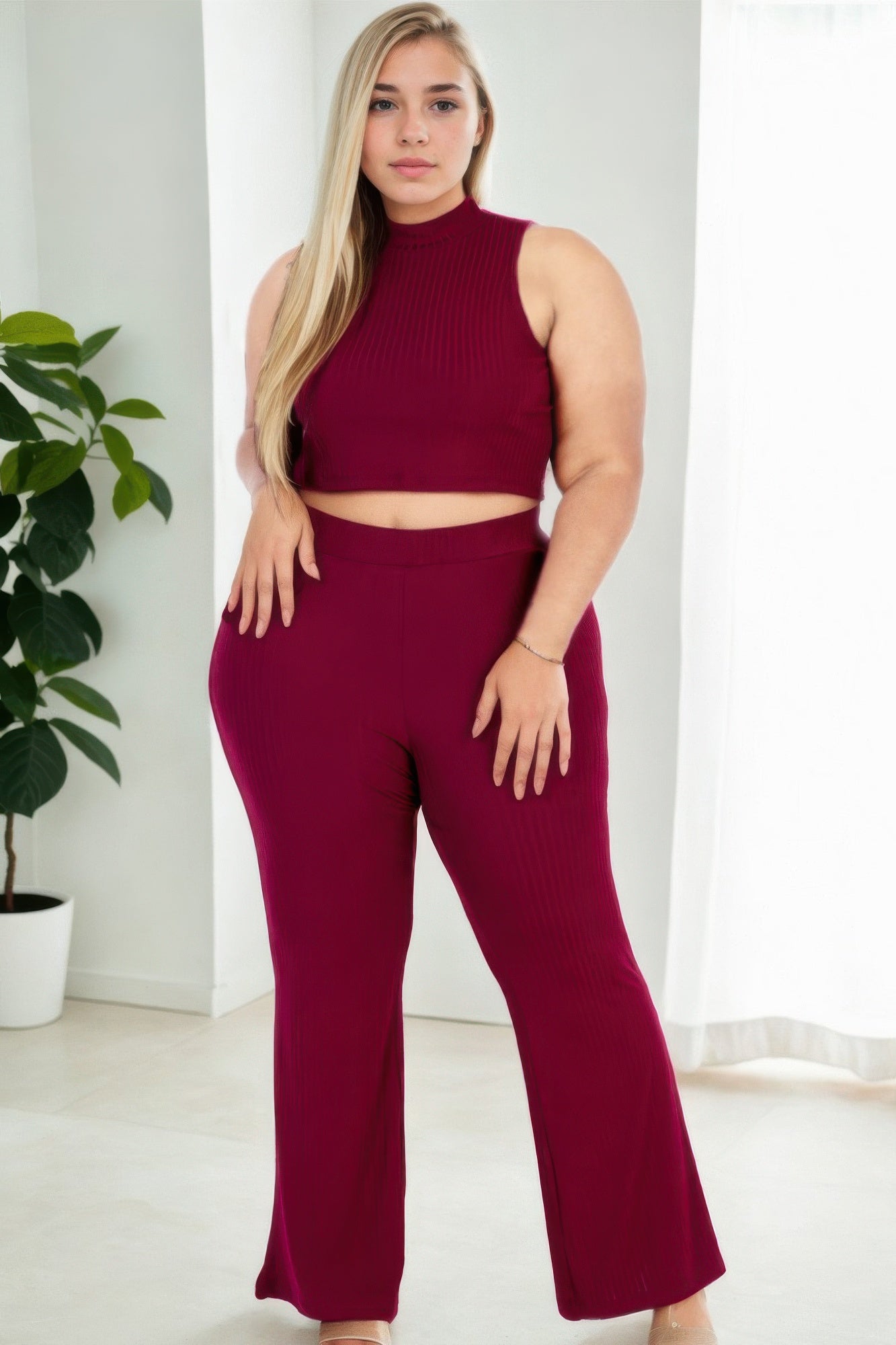 Plus Size Ribbed Mock Neck Crop Tank Top& Bootcut Pants Set Selvanelle