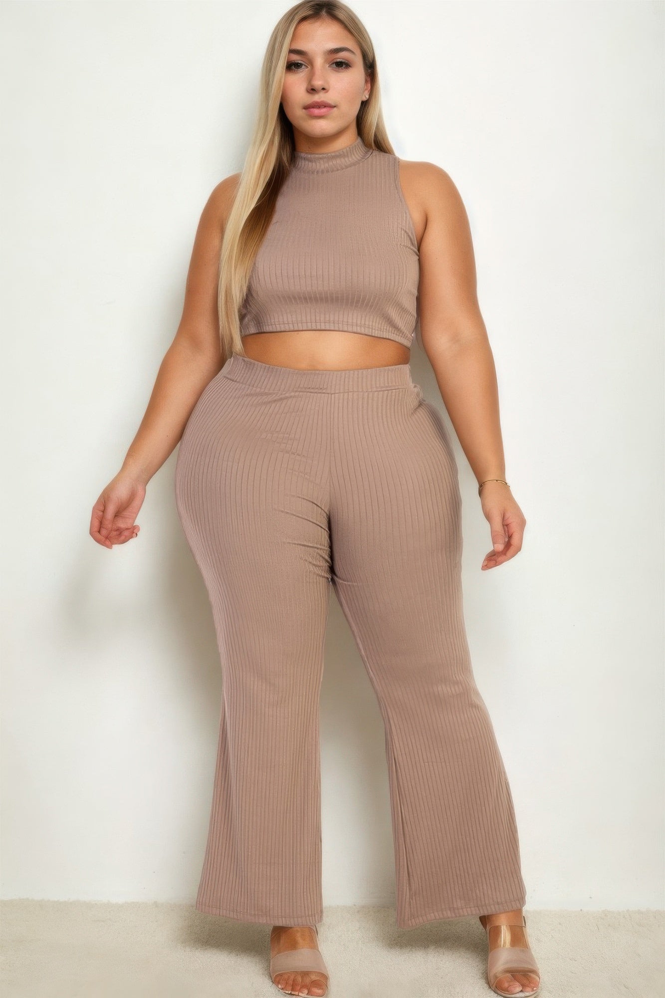Plus Size Ribbed Mock Neck Crop Tank Top& Bootcut Pants Set Selvanelle
