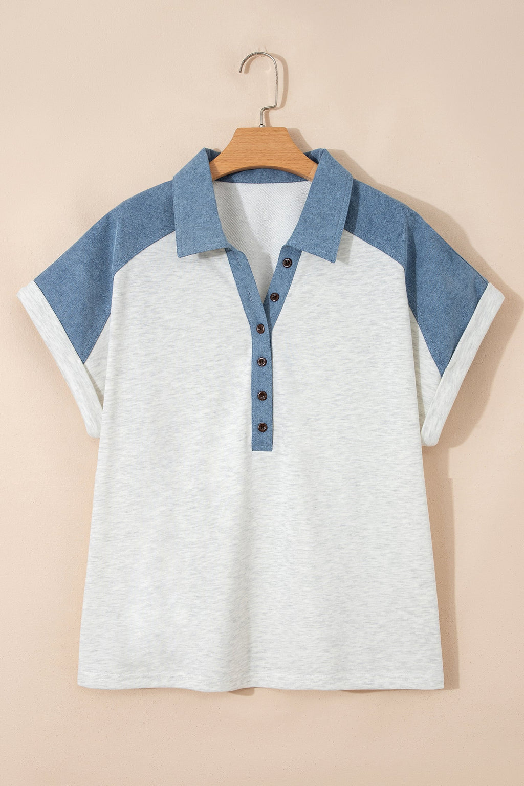 Beige Plus Size Contrast Denim Patchwork Cuffed Sleeve Polo Tee I am a Fashion Junky