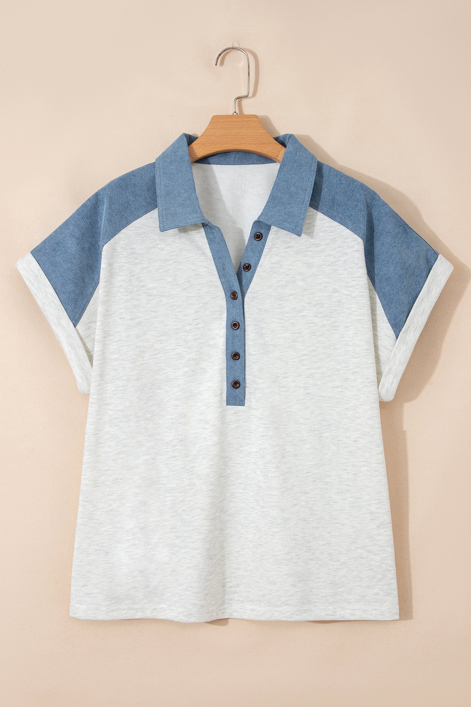 Beige Plus Size Contrast Denim Patchwork Cuffed Sleeve Polo Tee I am a Fashion Junky