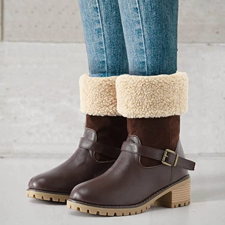 Women's Buckle Chunky Heel Western Boots | Warm Winter Round-Toe Mid Boots Sarah Express