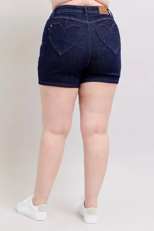 Judy Blue Full Size High Waist Heart Shaped Pkts & Red Contrast Thread Denim Shorts Plus Size Coco’s Tee Boutique