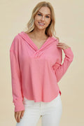 Double Take Full Size High-Low Dropped Shoulder Long Sleeve Hoodie Berry Charmz