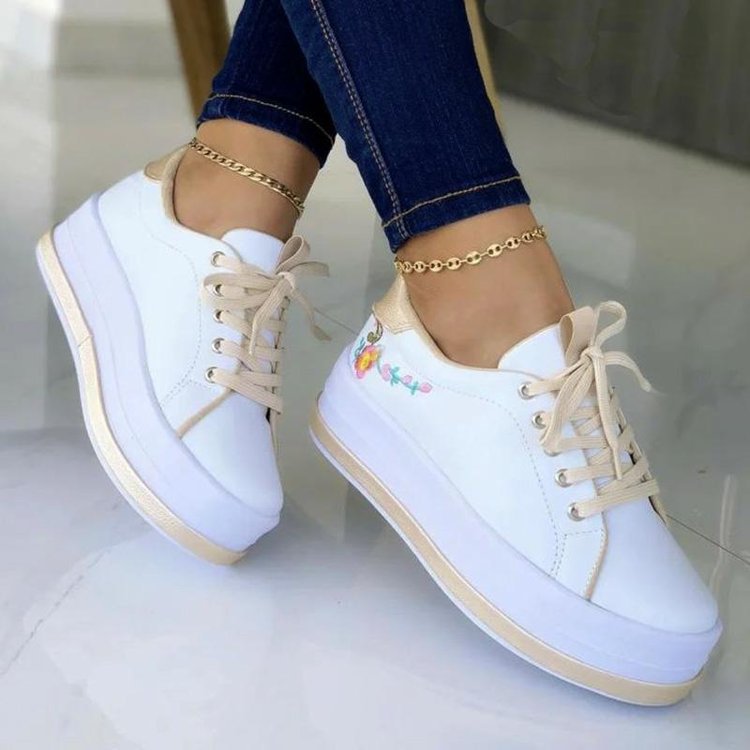 Women's Embroidery Platform Sneakers | Floral PU Lace-Up Chunky Sole Shoes Sarah Express