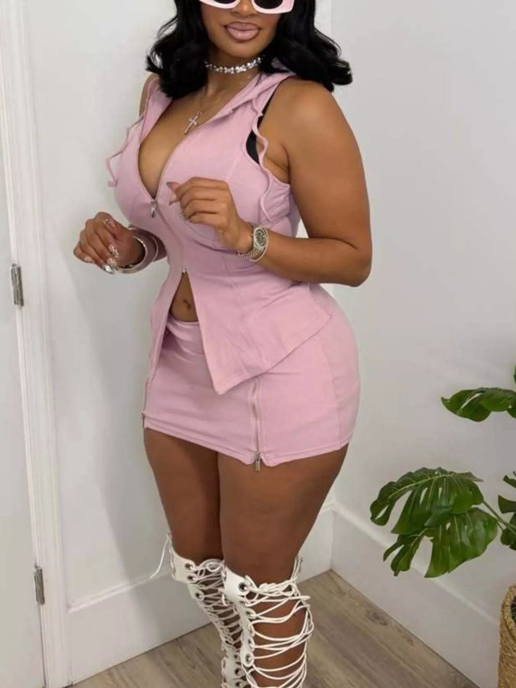 Hooded Zippered Sleeveless Top and Skirt Set Shopimist
