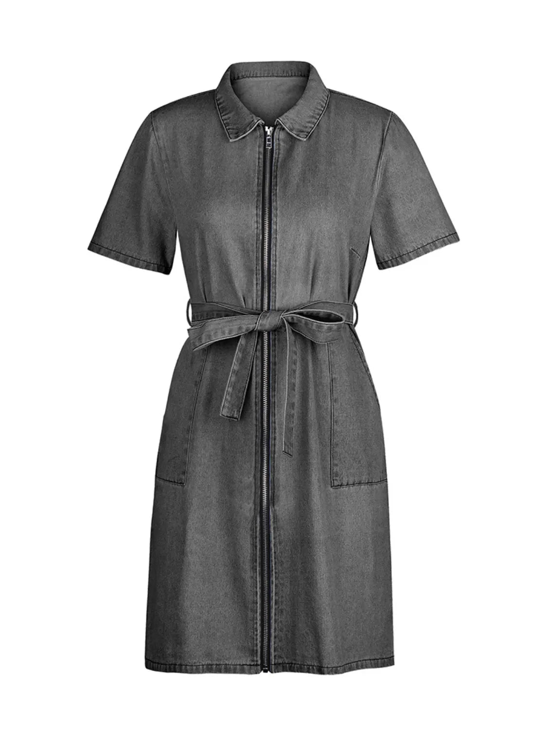 Full Size Zip Front Short Sleeve Denim Dress Plus Size Selvanelle