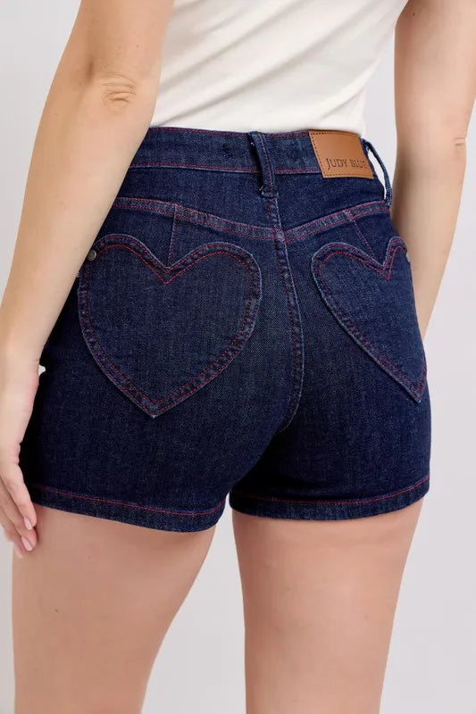 Judy Blue Full Size High Waist Heart Shaped Pkts & Red Contrast Thread Denim Shorts Plus Size Coco’s Tee Boutique