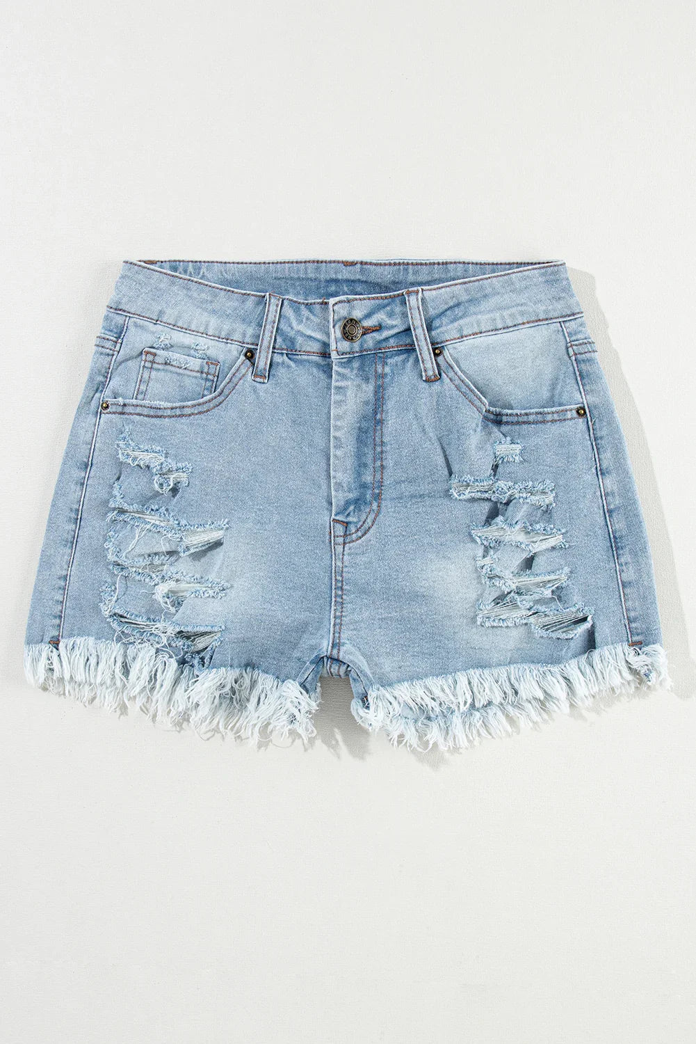 Light Blue Distressed Ripped Raw Hem High Waist Denim Shorts Femstylo