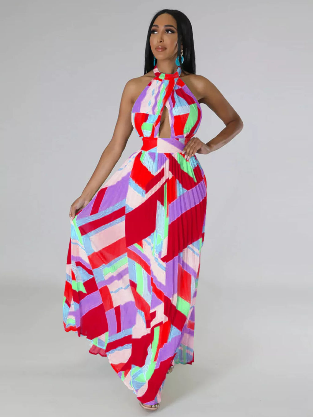 Halter Neck Geometric Print Pleated Maxi Dress Shopimist