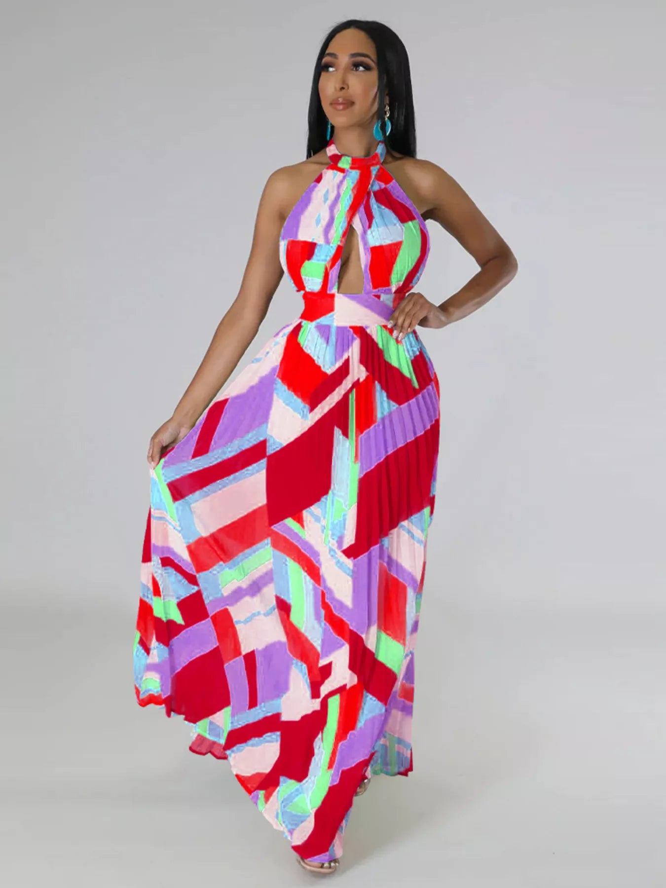 Halter Neck Geometric Print Pleated Maxi Dress Shopimist