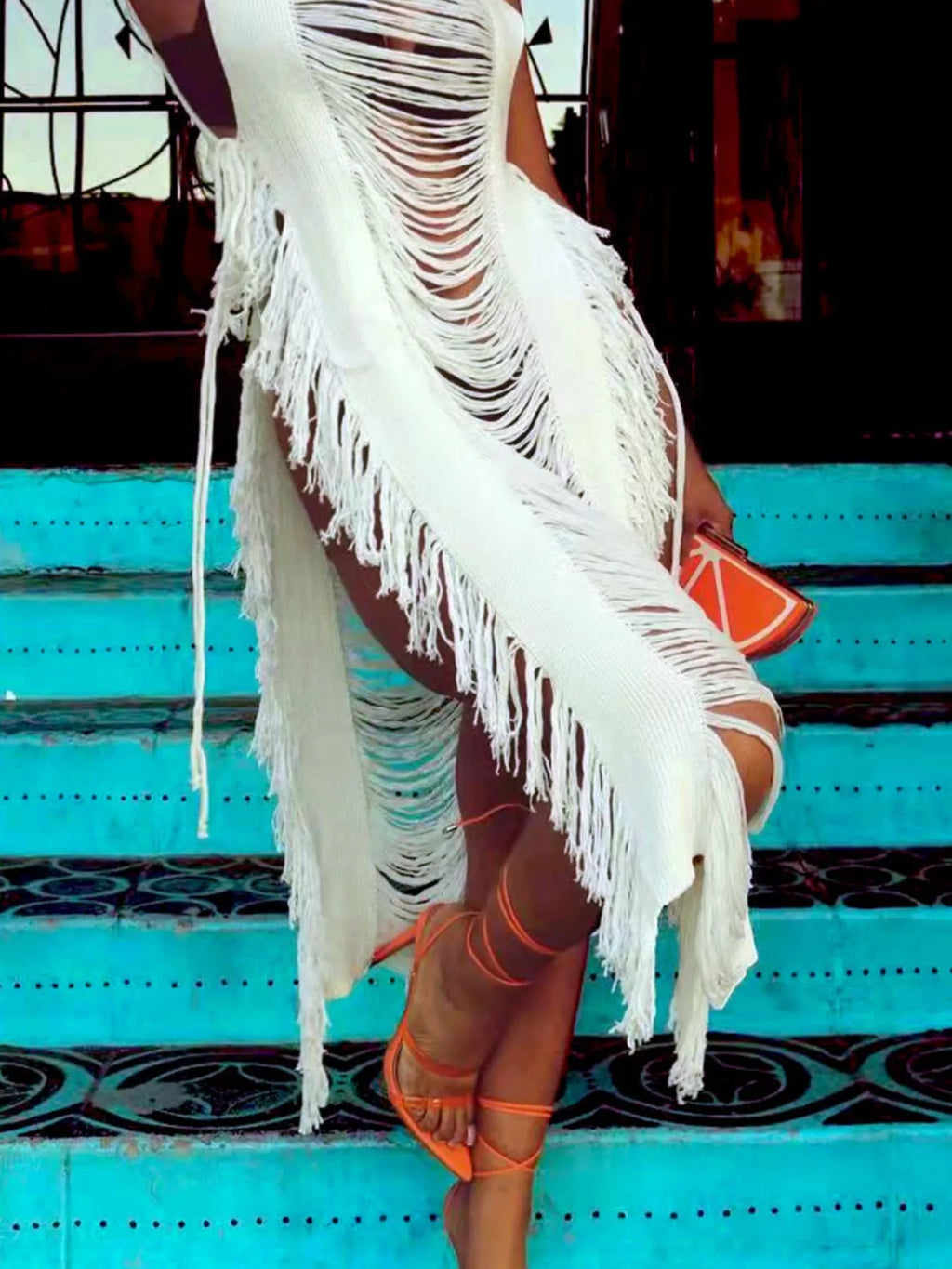 Fringe Split Square Neck Midi Dress Shopimist