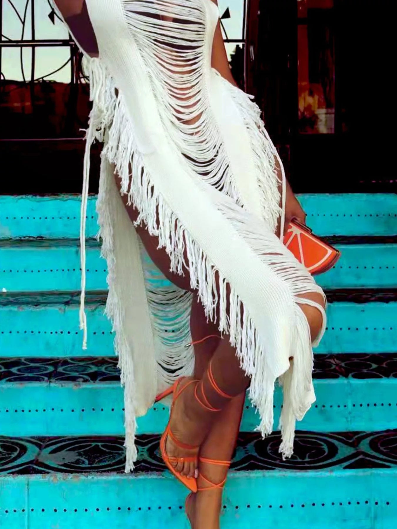Fringe Split Square Neck Midi Dress Shopimist