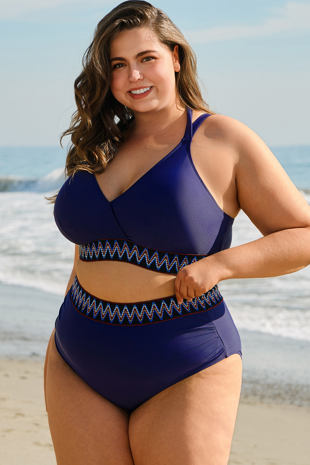 Navy Blue Embroidered Trim Wrap Tie Knot Plus Size High Waisted Bikini Wild and Free Boutique