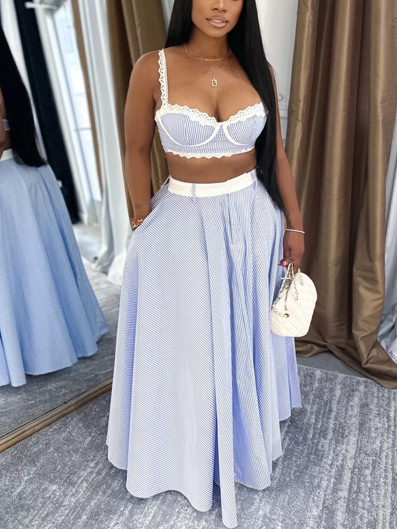 Striped Lace Trim Cami and Skirt Two-Piece Set Shopimist