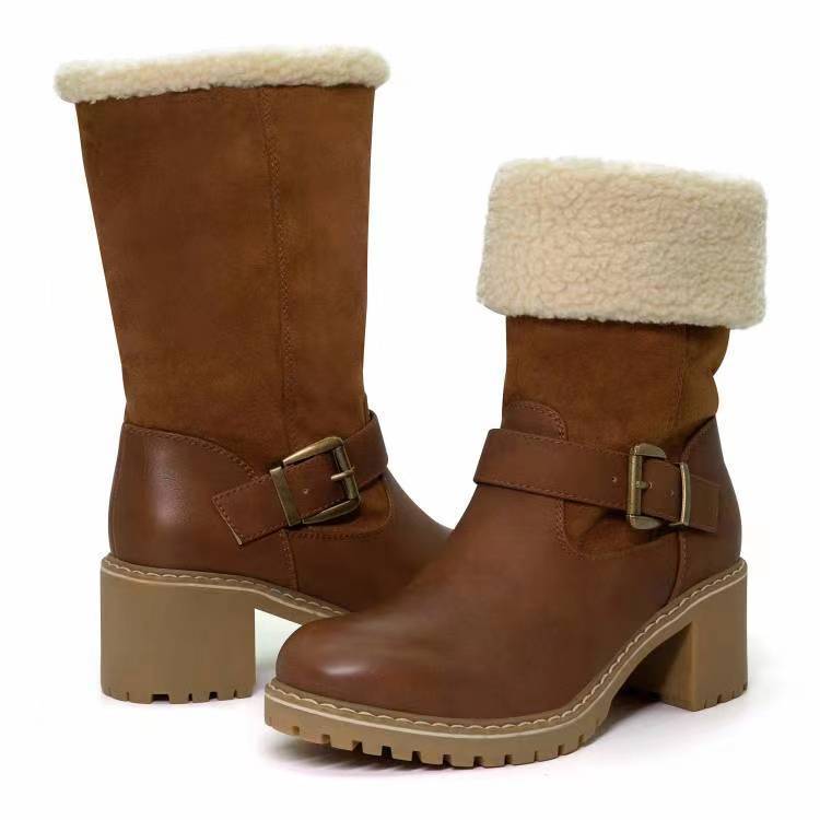 Women's Buckle Chunky Heel Western Boots | Warm Winter Round-Toe Mid Boots Sarah Express